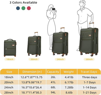LARVENDER Luggage Sets 4 Piece, Softside Carry On Luggage Suitcase Set with 360° Spinner Wheels for Women Men(28/24/20/18) Army Green