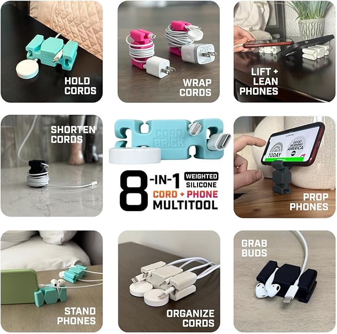 CordBrick Stocking Stuffers for Adults Cord Management Weighted Cord Holder Cable Wrap Phone Stand - Multiuse Gadget Organizer for Nightstand, Desk. Gift for Men, Durable Silicone. 6pk Asst Neutrals