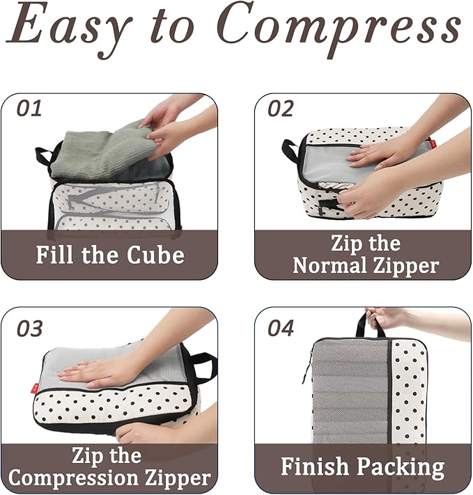U+U 8 Set Compression Packing Cubes - Ultralight Travel Organizers with Laundry Bag and Cosmetic Bag, Space-Saving Suitcase Organizer for Travel, Business Trip and Family Vacation (Polka Dot)