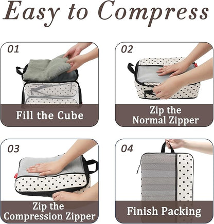 U+U 6 Set Compression Packing Cubes - Ultralight Travel Organizers with Laundry Bag, Space-Saving Suitcase Organizer, Expandable Packing Cubes for Travel, Business Trip and Family Vacation (Polka Dot)