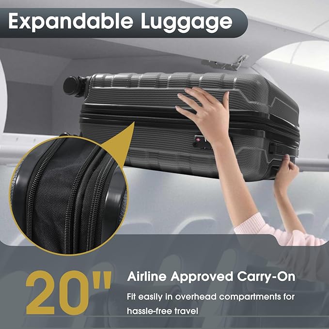 Hardshell Checked Luggage with Spinner Wheels, Expandable ABS Suitcase with TSA Lock, Travel Luggage with Telescopic Handle (Gray, 20 Inch)