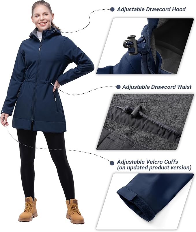 Outdoor Ventures Women's Softshell Jacket with Removable Hood Fleece Lined Windbreaker Insulated Long Warm Rain Jacket