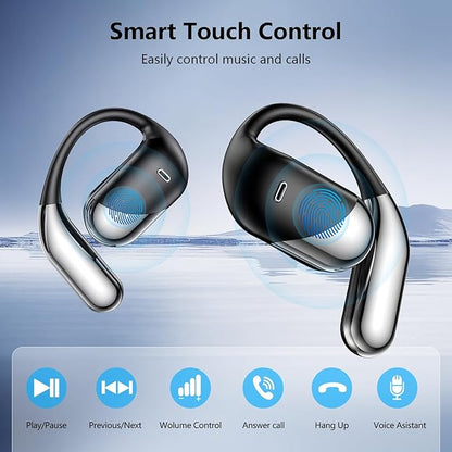 Open Ear Wireless Earbuds Headphones, Bluetooth 5.4, Built-in Mic, IPX7 Waterproof, LED Display Charging Case,Ear Hooks Clip Ear Buds，Design for Running Fitness Workout Office Game Gym