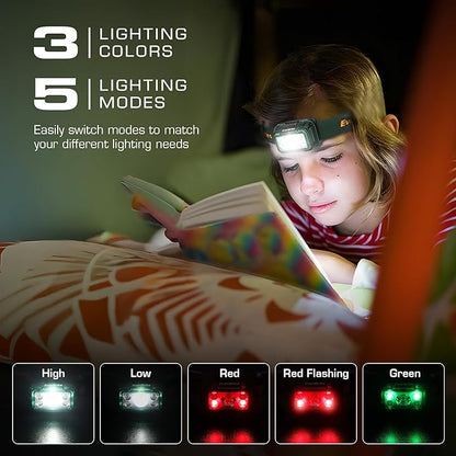 EverBrite Rechargeable Headlamp, 2 Pack Kids Headlamp with White/Red/Green Light and Memory Function, Head Lamp for Adult and Kid with 5 Modes, 120° Adjustable LED Headlamp for Camping, Running-Green