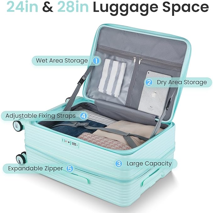 Merax 100% PC Hard Shell Luggage Set, 3 Piece Lightweight TSA Lock Spinner Suitcase with Front Pocket, Airline Approved, Mint Green, 20/24/28 Inch