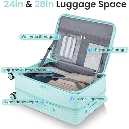 Merax 100% PC Hard Shell Luggage Set, 3 Piece Lightweight TSA Lock Spinner Suitcase with Front Pocket, Airline Approved, Mint Green, 20/24/28 Inch