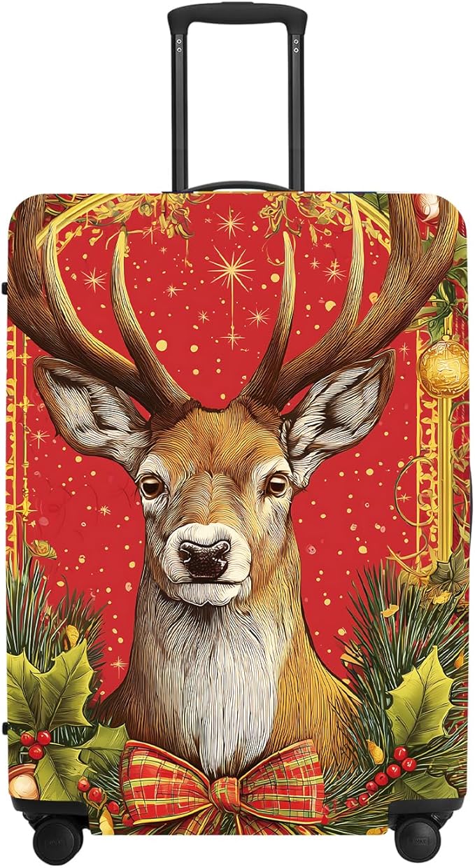 Vintage Plaid Christmas Luggage Cover - Red Tartan with Golden Deer and Holly, Classic Stretchable Suitcase Cover 18 20 22 Inch