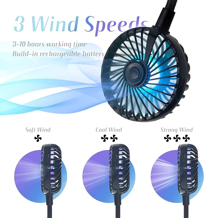 VAGAU Portable Cooling Neck Fan, Rechargeable USB Personal Neck Fan with Colorful LED lights, 360° Rotation, Wearable Neck Fan Air Conditioner for Office Travel Sport, 3 Adjustable Speeds（2 Pack）