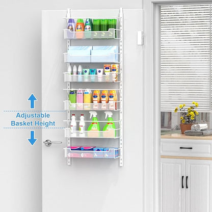 Over the Door Pantry Organizer, 6-Tier Over the Door Organizer with Adjustable Basket, Pantry Door Organization for Pantry Kitchen Storage Room Spice Rack, White