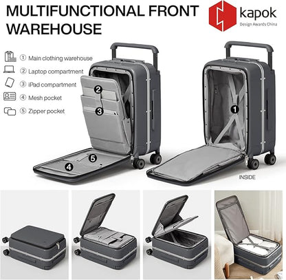 mixi Carry On Luggage Wide Handle Luxury Design Rolling Travel Suitcase PC Hardside with Aluminum Frame Hollow Spinner Wheels, with Cover, 20 inch, Rock Grey