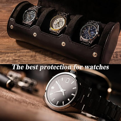 MR.OKAY 3 Watch Travel Case-Classic Leather Watch Case With Superb Texture.Portable Watch Roll Or Organizer For Storage And Display. Men's Great Gift For Traveling,100% Handmade by Artisans.