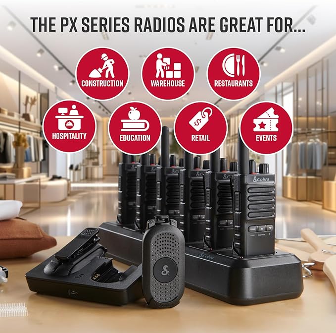 Cobra Business Radio Bundle – 8 Professional Walkie Talkies (2 PX280, 6 PX650) + 2 Headsets - Compact Long-Range Two-Way Radios, Dock Chargers, IP54 Durable, Rechargeable