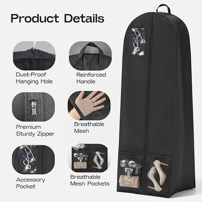 72'' Wedding Gown Dress Garment Bag, 8"/20"'' Gusseted Garment Cover for Puffy Bridal Gowns Cover, Travel Garment Storage Bag for Prom, Cosplay, Evening Gowns (Black, 1Pack 72")