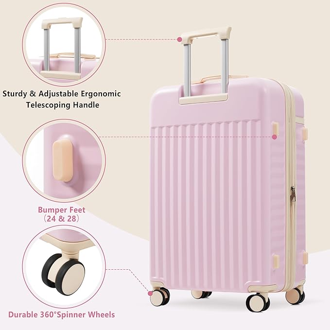 Merax Luggage Sets 2 Piece Front Opening, Hardside Lightweight Carry on Suitcase with USB Port,Durable Expandable Luggage with Bags Spinner Wheels and TSA Lock,Pink