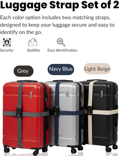 TSA Approved Luggage Straps – Set of 2 Anti-Burst Adjustable Polyester Suitcase Belts with 3-Dial Combination Lock – Prevents Accidental Opening, Secure Travel (Beige)
