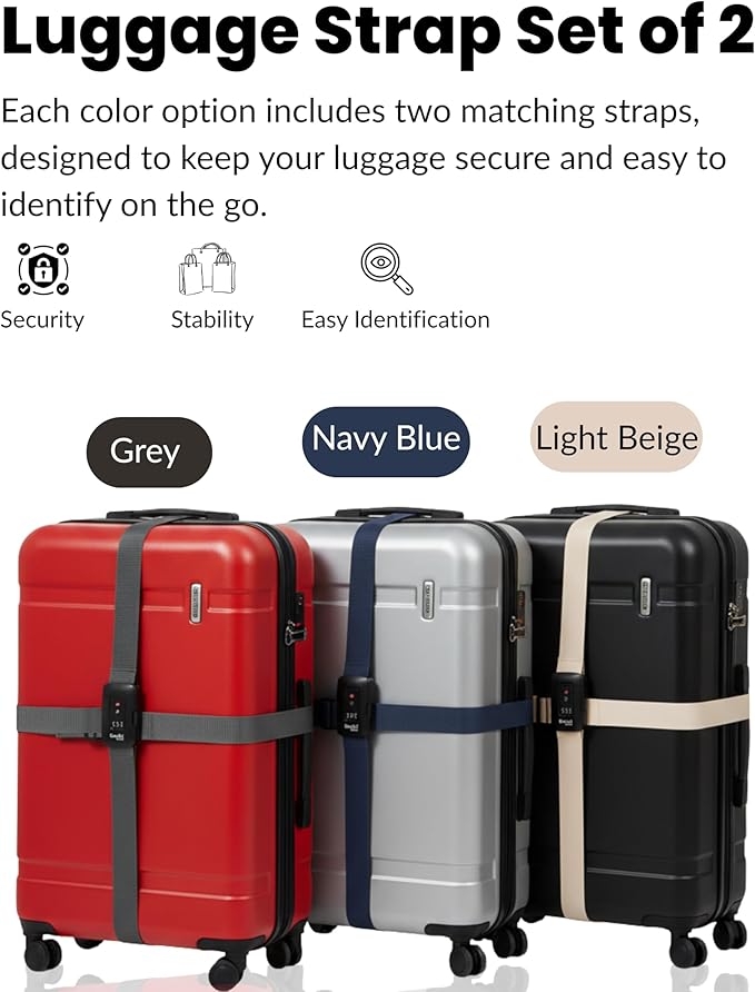 TSA Approved Luggage Straps – Set of 2 Anti-Burst Adjustable Polyester Suitcase Belts with 3-Dial Combination Lock – Prevents Accidental Opening, Secure Travel (Gray)
