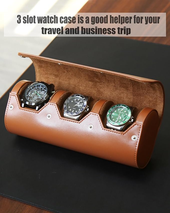 watch box organizer for mens watch case travel roll Portable 3 Watch Display Storage with Velvet Sections to Holder Large Watch (Light Brown)