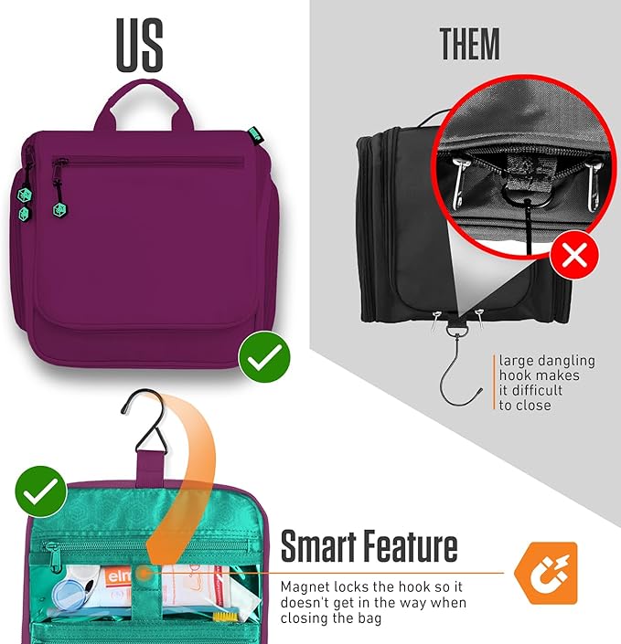 VENTURE 4TH Hanging Travel Toiletry Bag for Women & Men – Large Toiletry Organizer with 18 Compartments, Removable TSA Pouch, Travel Wash Bag for Toiletries, Makeup & Shaving Kit (Purple/Mint)
