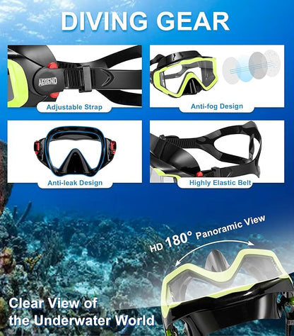 Aegend Snorkeling Gear for Adults Youth Kids, Dry Snorkel Set Panoramic View Enhanced Anti-Leak and Anti-Fog Technology, Adjustable Strap for Snorkeling Scuba Diving Swimming with Mesh Bag