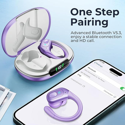 occiam Active Noise Cancelling Earbuds Wireless Bluetooth Headphones Ear Buds 90Hrs Playback Stereo Bass Earphones with Mic Over-Ear Hooks IPX7 Waterproof Headset for Work Sports Running Gym Purple
