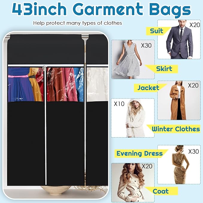 Amylove 4 Pcs 43'' Garment Bags for Hanging with Zippers Hanging Clothes Storage Garment Rack Cover Sealed Dust Cover Wardrobe Clothing Organizer for Suit Coat