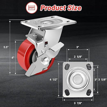 Nefish 4 Inch Heavy Duty Casters Wheels, Industrial Grade Polyurethane Casters Set of 4 with Dual Ball Bearing, Solid Polyurethane Wheel 2500 Lb, Plate Swivel Casters for Cart, Industrial, Machine