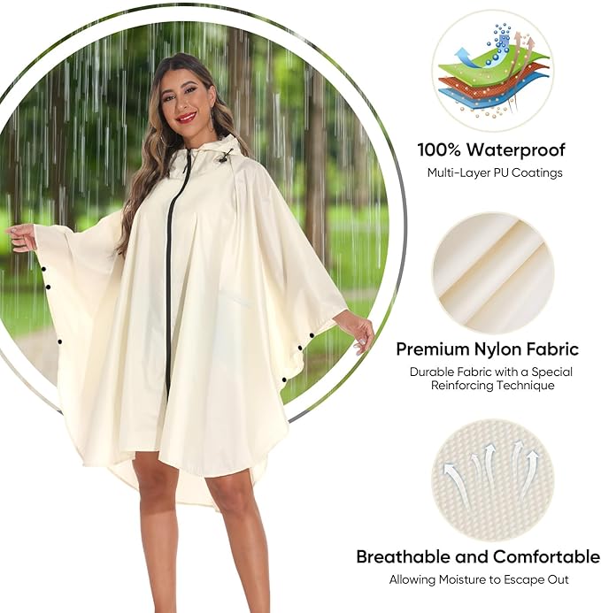 PTEROMY Hooded Rain Poncho for Adult with Pocket and Zipper, Waterproof Lightweight Raincoat for Men and Women
