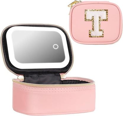 Mini Initial Makeup Bag With Led Mirror With Lights Gifts For Women Girls, Small Makeup Box For Travel Gift, Cosmetic Bag Make Up Organizer Personalized Bags Birthday Christmas Gifts For Womens (T)