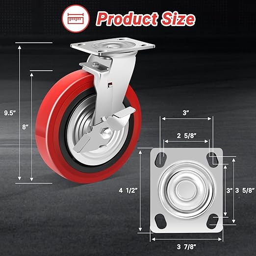 Nefish 8 Inch Heavy Duty Casters Wheels, Industrial Grade Polyurethane Casters Set of 4 with Dual Ball Bearing, Solid Polyurethane Wheel 6000 Lb, Plate Swivel Casters for Cart, Industrial, Machine