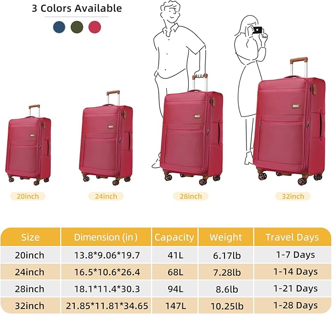 LARVENDER Luggage Sets 4 Piece, Softside Carry On Luggage Suitcase Set with 360° Spinner Wheels for Women Men(32/28/24/20) Rose Red