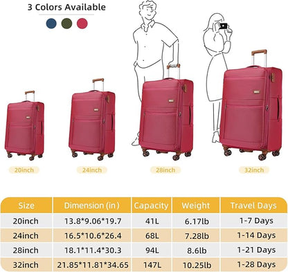 LARVENDER Luggage Sets 4 Piece, Softside Carry On Luggage Suitcase Set with 360° Spinner Wheels for Women Men(32/28/24/20) Rose Red