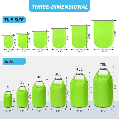 Dry Bag Set, Waterproof Small Lightweight Dry Bags for Paddle Board Kayaking, Fishing, Camping (Green, 70L 2Pack)