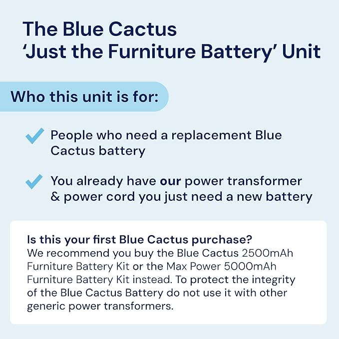 The Blue Cactus Company Battery Pack for Reclining Furniture - 2500mAh, 2-Pin Connector - LCD Display for Recliner Chair - Portable Power Supply - Cord-Free Floors