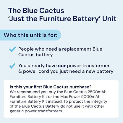 The Blue Cactus Company Battery Pack for Reclining Furniture - 2500mAh, 2-Pin Connector - LCD Display for Recliner Chair - Portable Power Supply - Cord-Free Floors