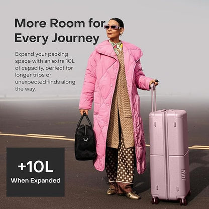 Checked Plus Expandable - 28.75" Airline Approved Check In Luggage with Wheels, Rolling Suitcase for Men & Women - TSA Lock, Silent Spinner Wheels, Expansion Zip, Y-Strap - Blush Pink