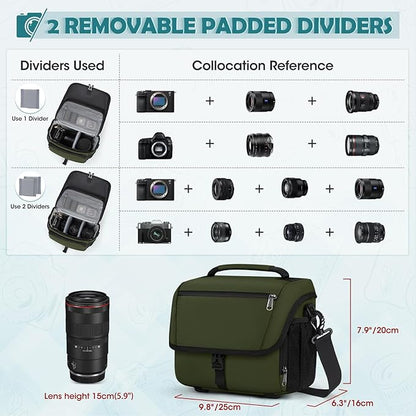 RAINSMORE Camera Bag, DSLR/SLR/Mirrorless Camera Case with Tripod Holder Waterproof Camera Sling Bag Crossbody Camera Bags for Photographers with Rain Cover for Canon/Nikon/Sony/Fuji, Green