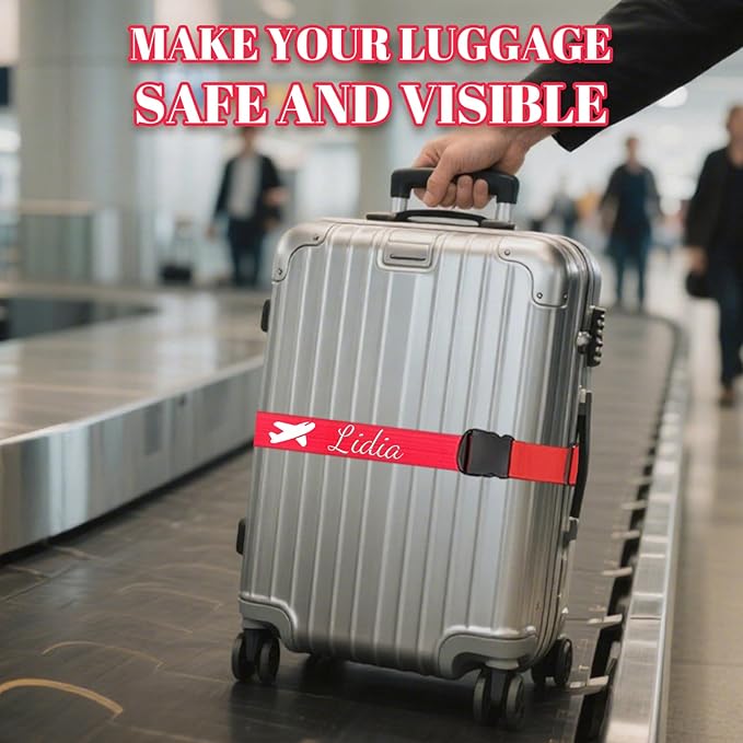 Personalised Suitcase Straps with Embroidery, Adjustable Luggage Strap with Quick-Release Buckles, Secure & Thick Luggage Straps for Suitcases, 80 Inch Custom Travel Belt for Luggage (2 Pieces)