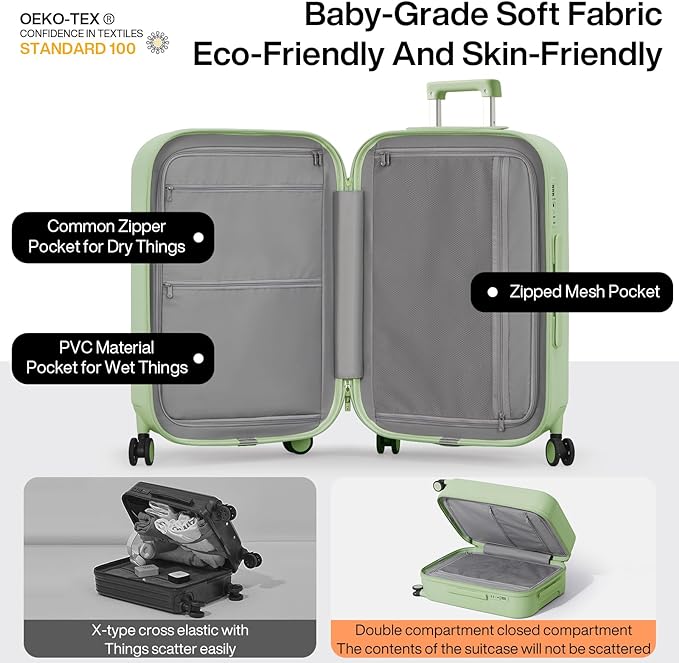 mixi Checked Luggage with Cup Phone Holder Hard Shell Rolling Travel Suitcase with Spinner Wheels,26 Inch Avocado Green