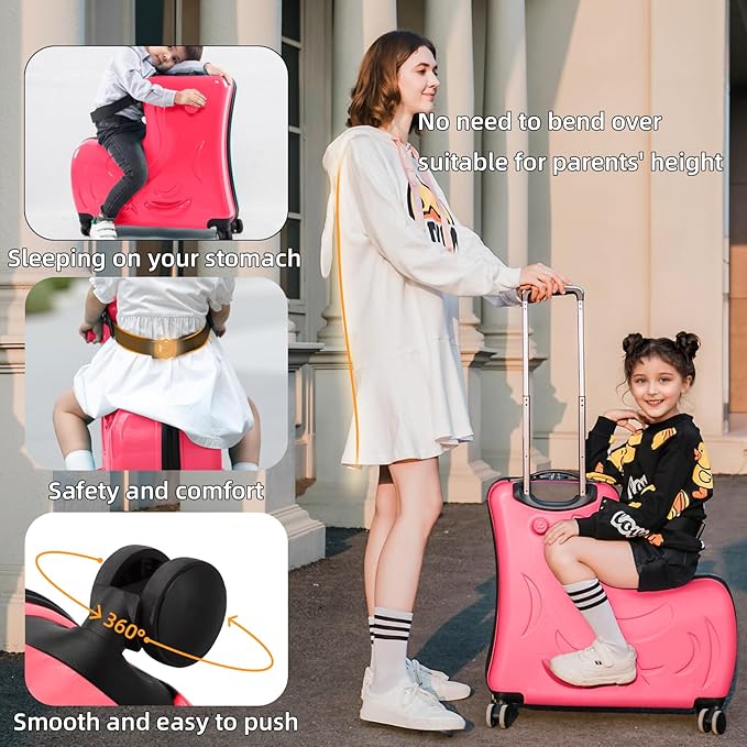 Travel Gear: Premium Toddler Ride-On Luggage with Ergonomic Handle & Secure Harness System, 21Inch, Red