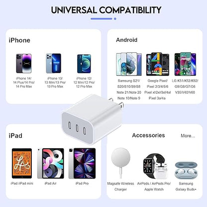 iPhone 16/17 Charger Block,USB C Charger [2 Pack] 35W 3-Port Wall Cube Fast Type C Charging Block PD Power Adapter for iPhone 17/17 Pro Max/16/16Pro/15/15Pro/14 Pro Max/13/12/11, iPad,Galaxy,Pixel 4/3