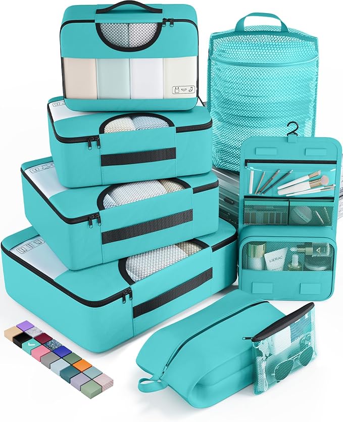 Veken 8 Set Packing Cubes for Kids, Travel Essentials Suitcase Organizer Bags in 4 Sizes, Carry-On Luggage Accessories with Laundry & Hanging Toiletry Bag, Must-Have for Airplane, Road Trip & Camping