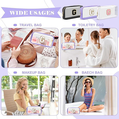 Personalized Initial Letter Clear Makeup Bag,Preppy Small Nylon&PVC Cosmetic Zipper Bag with Chenille Letter,Travel Skincare Toiletry Bag,Monogram Christmas Gift for Teen Girls Women,G