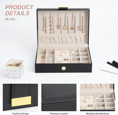 Leather Strap Closure Jewelry Box Single Layer Organizer Case for Necklaces, Earrings, Rings, Compact for Travel & Home Storage Black