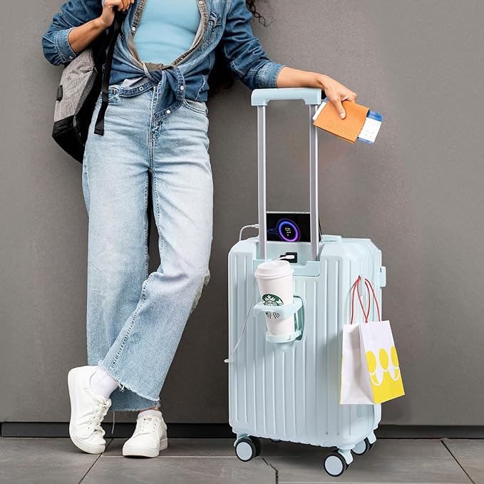 Carry-on Luggage with Cup Holder & USB Charging Port, Hard Side Luggage with Spinner Wheels, Lightweight Luggage for Travel, Business (Blue, Carry-On 20-Inch)