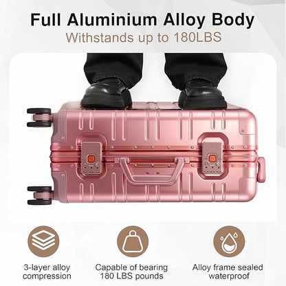 All Aluminum Carry On Luggage 22x14x9 Airline Approved，Zipperless Luggage Premium Aluminum Suitcase Luggage, Hard Shell Carry On Luggage with Spinner Wheels (rose gold, 20inch)