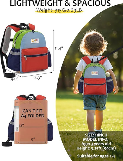 Toddler Backpack with Leash for Boys Girls Kids Kindergarten Nursery, 11” Baby Leash Backpack with Reflective, Toddler Bookbag with Anti-Lost Harness for Walking, Orange&Red