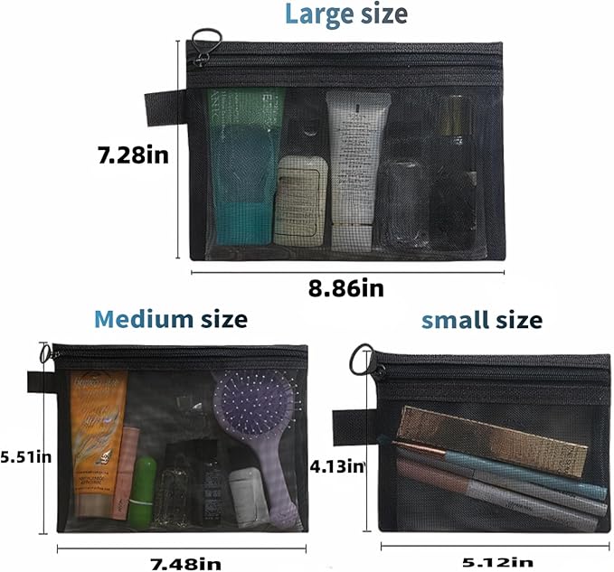 6Pack Mesh Makeup Bags mesh zipper pouch Cotton Blend Travel Organizer Pouches with Zipper Small Storage Bags for Cosmetics and Toiletries Office stationery storage net bag Black and Grey