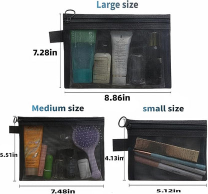 6Pack Mesh Makeup Bags mesh zipper pouch Cotton Blend Travel Organizer Pouches with Zipper Small Storage Bags for Cosmetics and Toiletries Office stationery storage net bag Black and Grey
