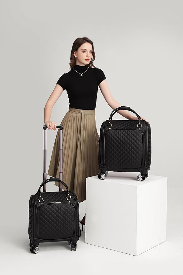 VH&GRED Luxury Carry on Luggage with Wheels Leather Suitcase 16-Inch Lightweight Travel Small Suitcase Diamond Stitching