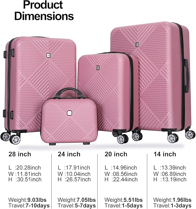 Luggage 4 Piece Set, Hardshell ABS Suitcase Set with Double Spinner Wheels, Lightweight Suitcase, Carry On and Checked Travel Luggage,Rose Pink
